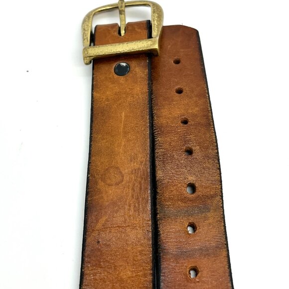 VINTAGE BROWN LEATHER Belt Solid Brass Buckle Made Distressed Patina Boho - Picture 14 of 15